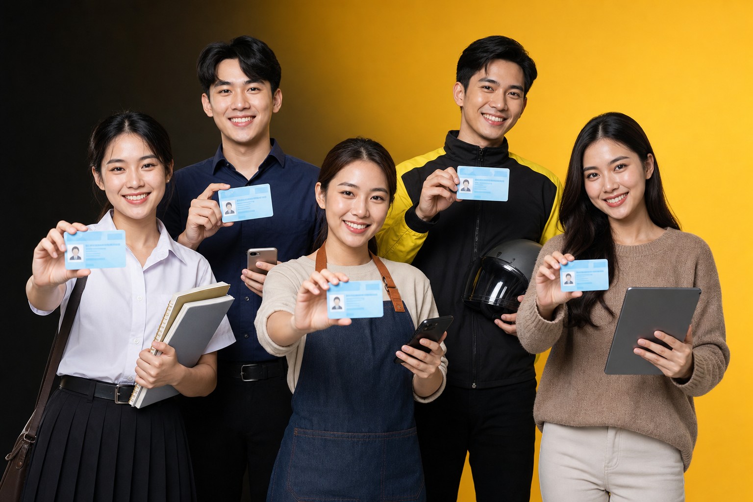 คนไทยหลากหลายอาชีพถือบัตรประชาชน มือถือ และไอแพด สำหรับบริการผ่อนมือถือ EasyPay Thai